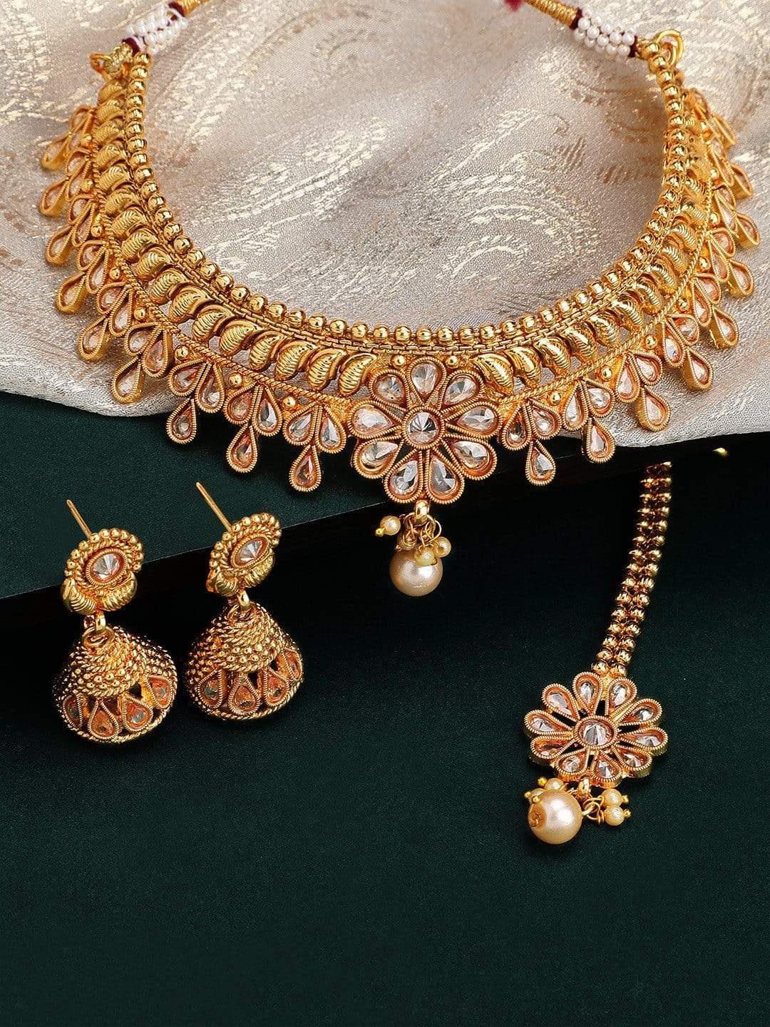 Rubans Gold Plated White Kundan Studded Jewellery Set