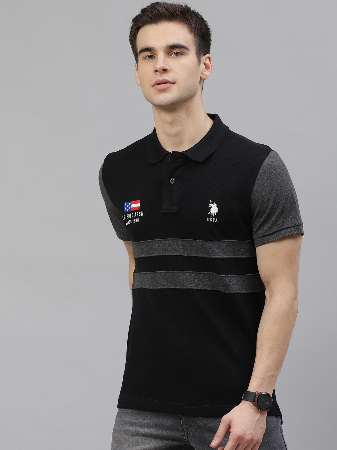 U.S. Polo Assn. Men Black Charcoal Grey Striped Pure Cotton Polo Collar Pure Cotton T-shirt
U.S. Polo Assn. Men Black Charcoal Grey Striped Pure Cotton Polo Collar Pure Cotton T-shirt