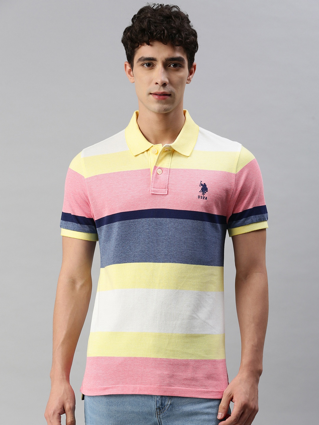 U S Polo Assn Men Pink White Striped Pure Cotton Polo Collar Slim Fit Pure Cotton T-shirt
U S Polo Assn Men Pink White Striped Pure Cotton Polo Collar Slim Fit Pure Cotton T-shirt