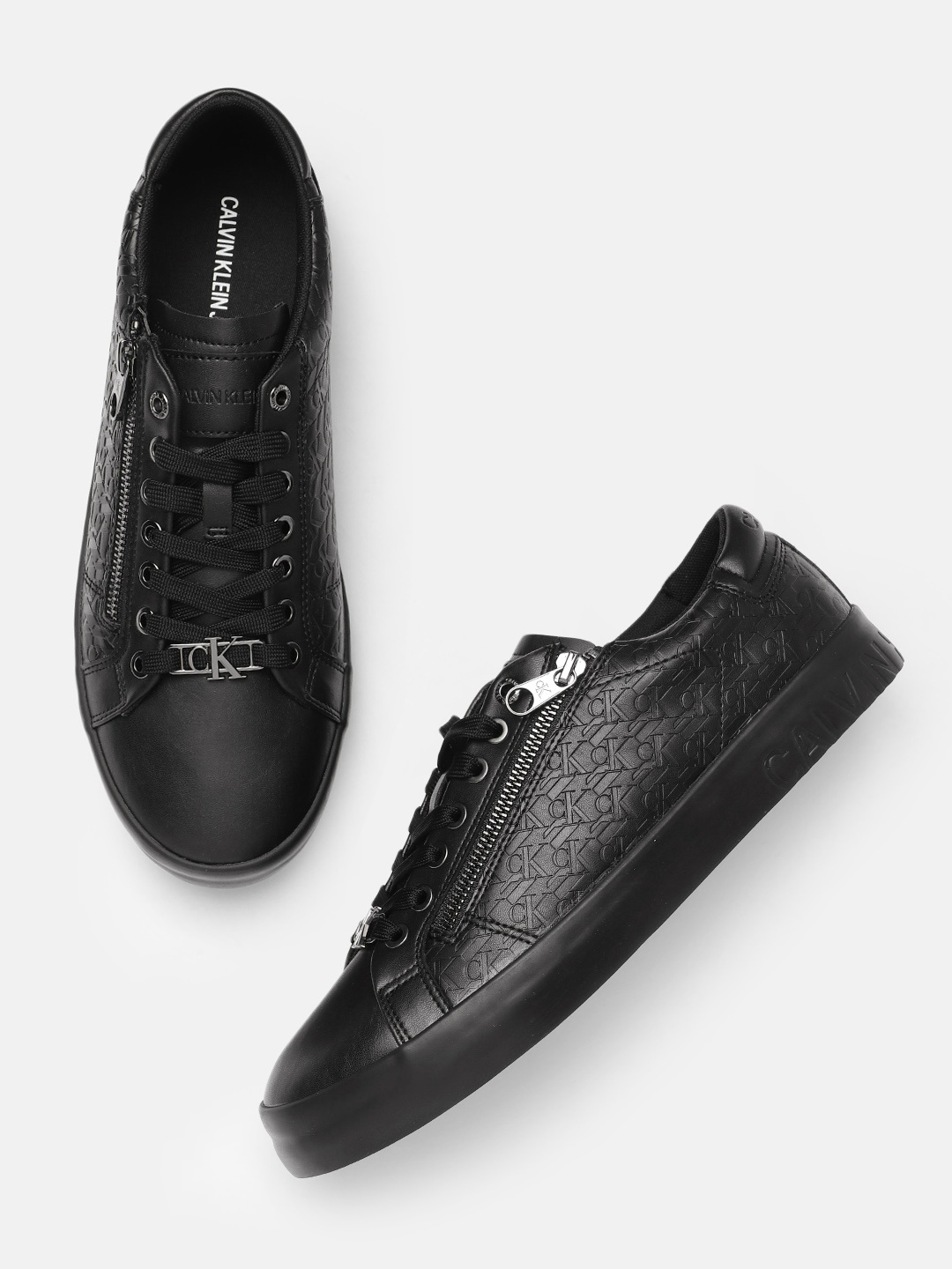 Calvin Klein Men Black Textured Lace-Up Zip Sneakers