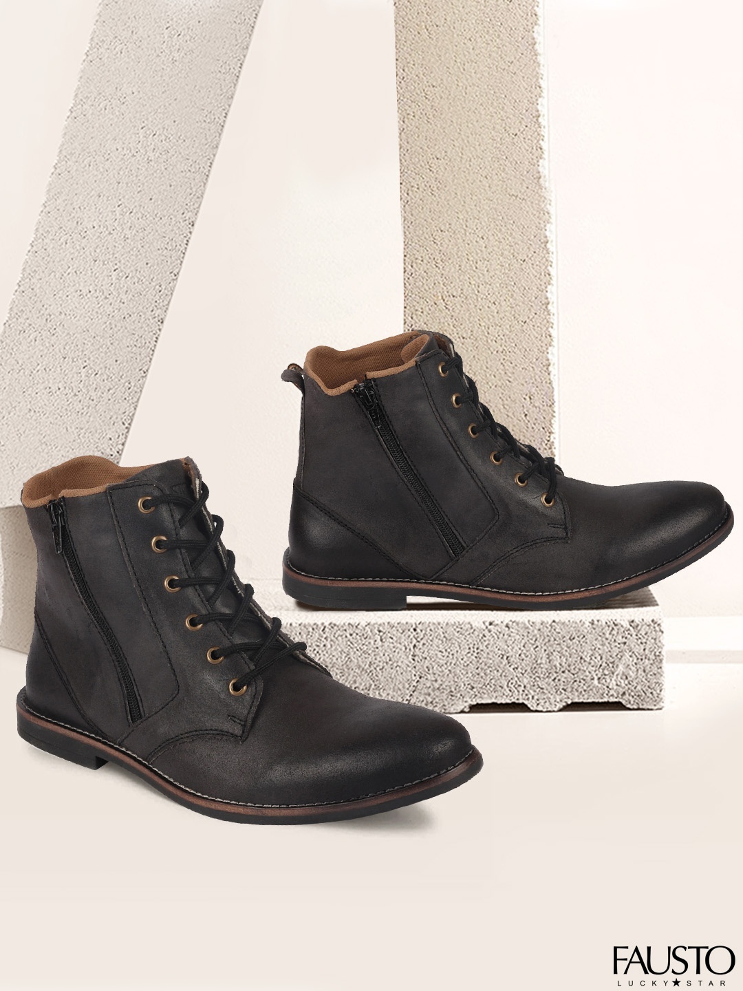 FAUSTO Men Black Leather Flat Boots
