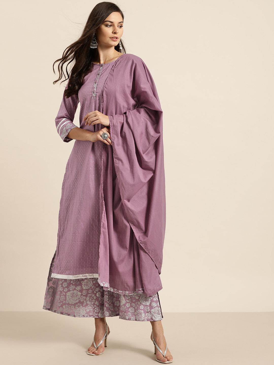 all about you Women Lavender & Silver Pure Cotton Striped Kurta with Palazzos & Dupatta 
all about you Women Lavender & Silver Pure Cotton Striped Kurta with Palazzos & Dupatta