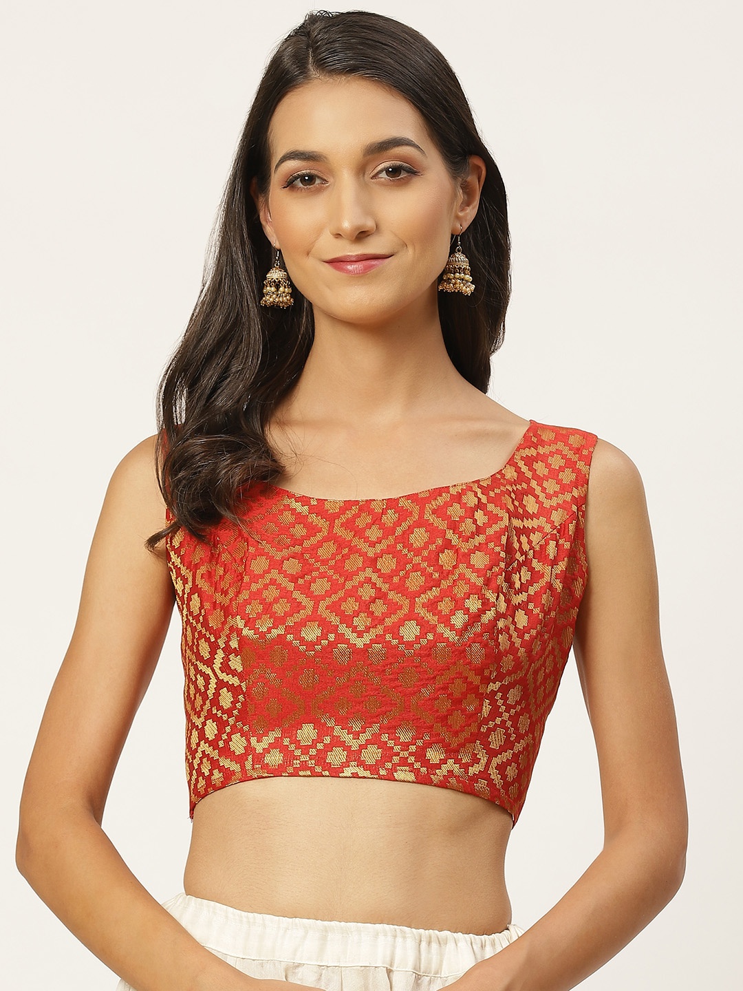 Studio Shringaar Women Red & Golden Woven Design Brocade Stitched Sleeveless Saree Blouse
Studio Shringaar Women Red & Golden Woven Design Brocade Stitched Sleeveless Saree Blouse
