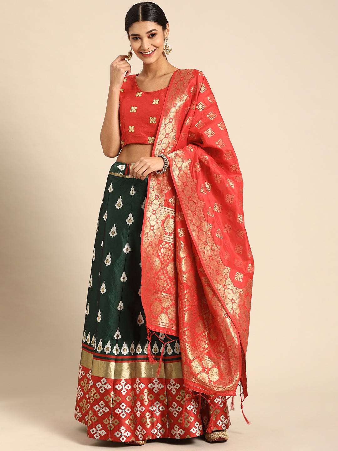 Shaily Dark Green & Red Embroidered Semi-Stitched Lehenga & Unstitched Blouse with Dupatta
Shaily Dark Green & Red Embroidered Semi-Stitched Lehenga & Unstitched Blouse with Dupatta