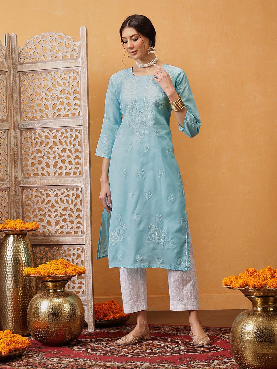 ADA Women Plus Size Blue & White Pure Cotton Ethnic Motifs Embroidered Chikankari Handloom Kurta
ADA Women Plus Size Blue & White Pure Cotton Ethnic Motifs Embroidered Chikankari Handloom Kurta