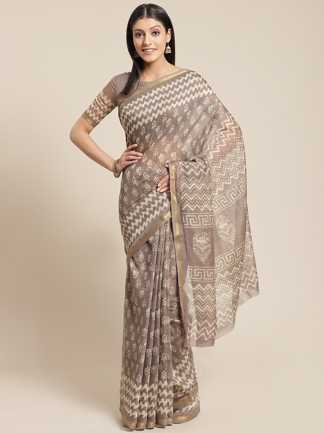 SHANGRILA Taupe & Off-White Pure Linen Batik Printed Handloom Saree