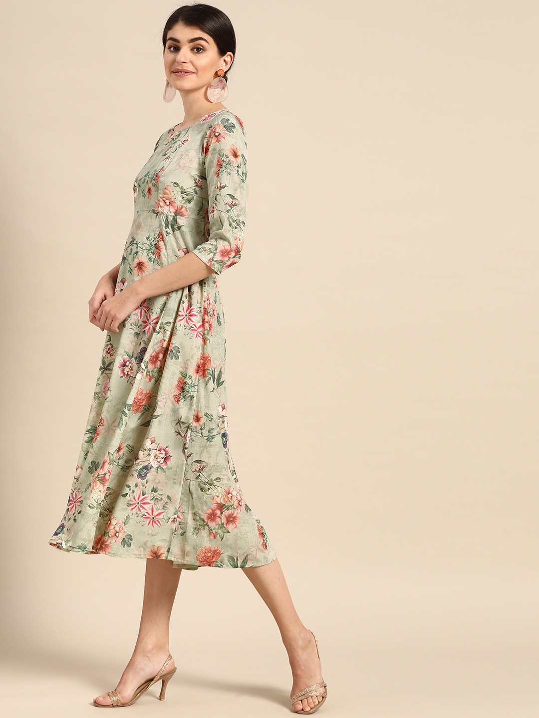 Prakrti Women Green & Pink Floral Print A-Line Dress
