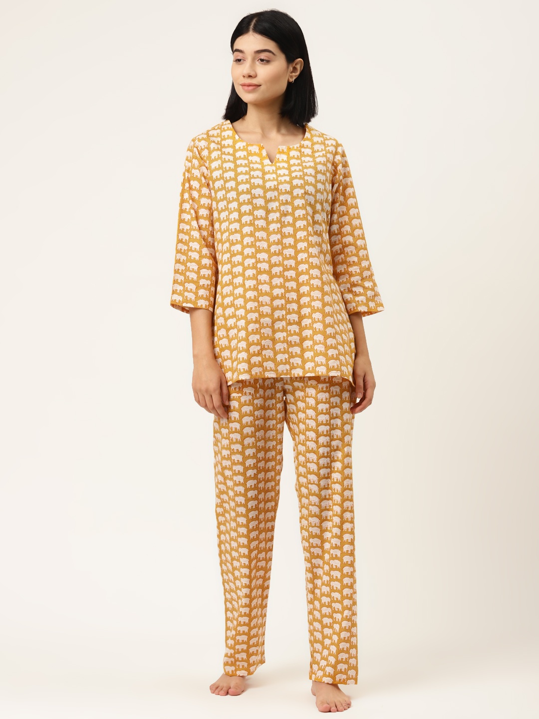 MABISH by Sonal Jain Women Mustard Yellow & White Ethnic Motifs Print Cotton Night suit
MABISH by Sonal Jain Women Mustard Yellow & White Ethnic Motifs Print Cotton Night suit