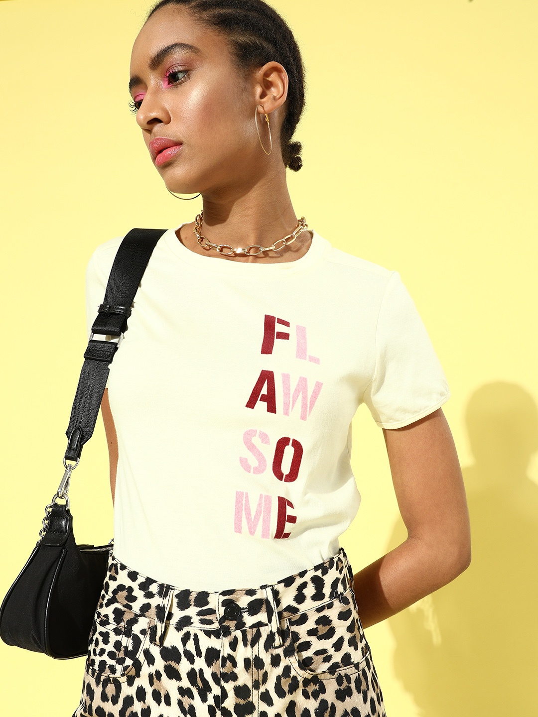 DressBerry Women Cream Typography Talking Tee