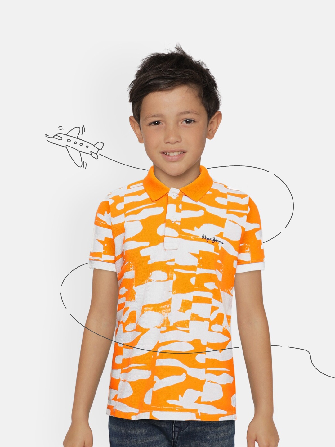 Pepe Jeans Boys Orange Camouflage Printed Cotton Polo Collar T-shirt