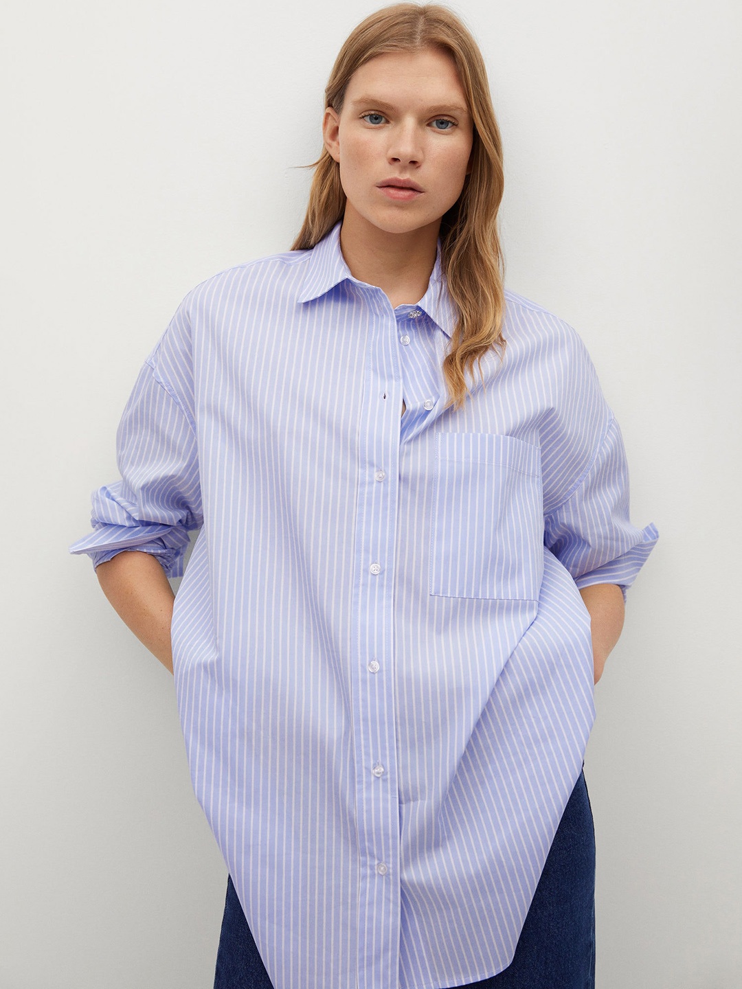 MANGO Women Blue & White Sustainable Pure Cotton Oversized Striped Casual Longline Shirt
MANGO Women Blue & White Sustainable Pure Cotton Oversized Striped Casual Longline Shirt