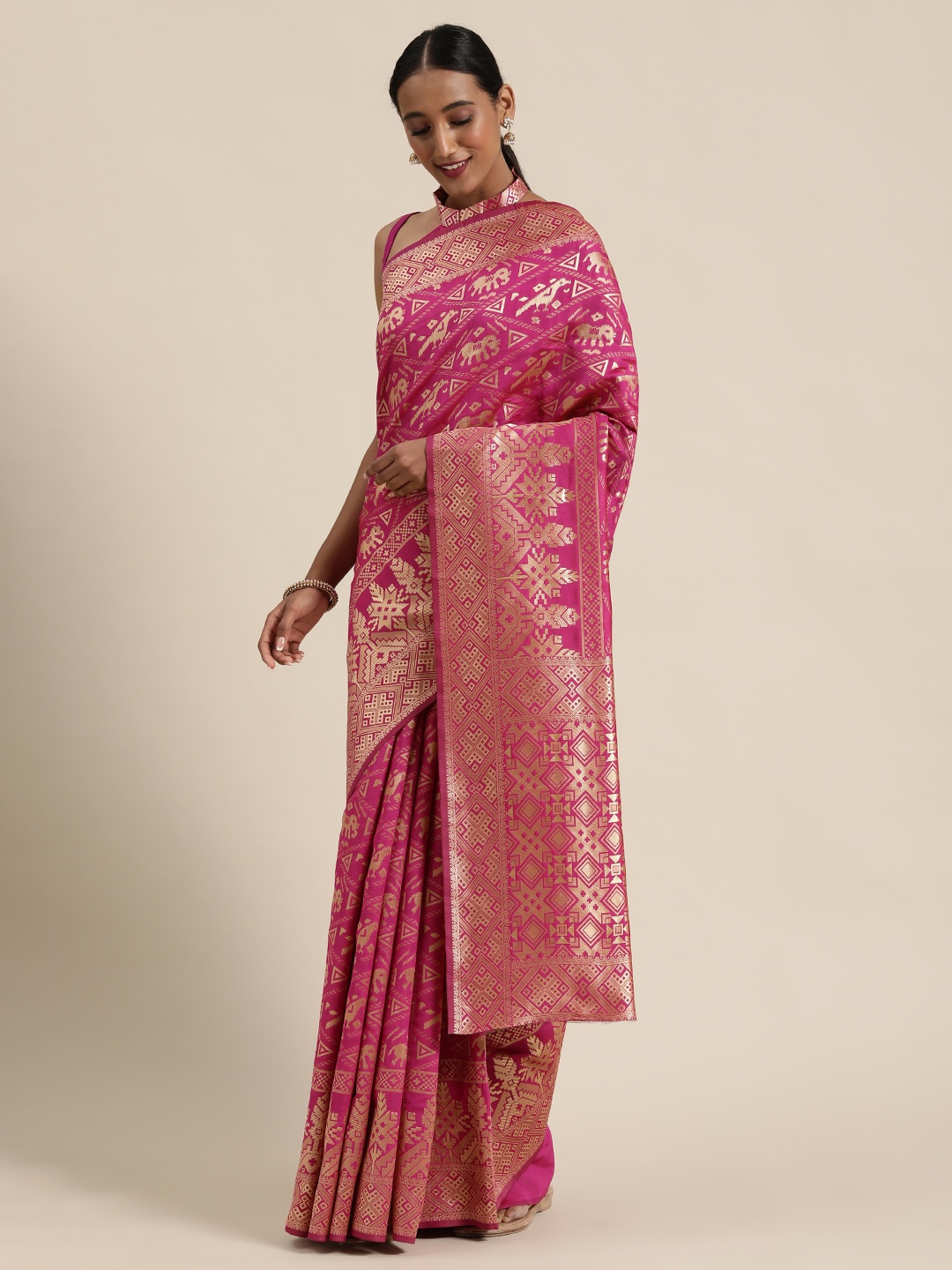 SHAVYA Pink & Gold-Toned Pure Silk Woven Design Saree