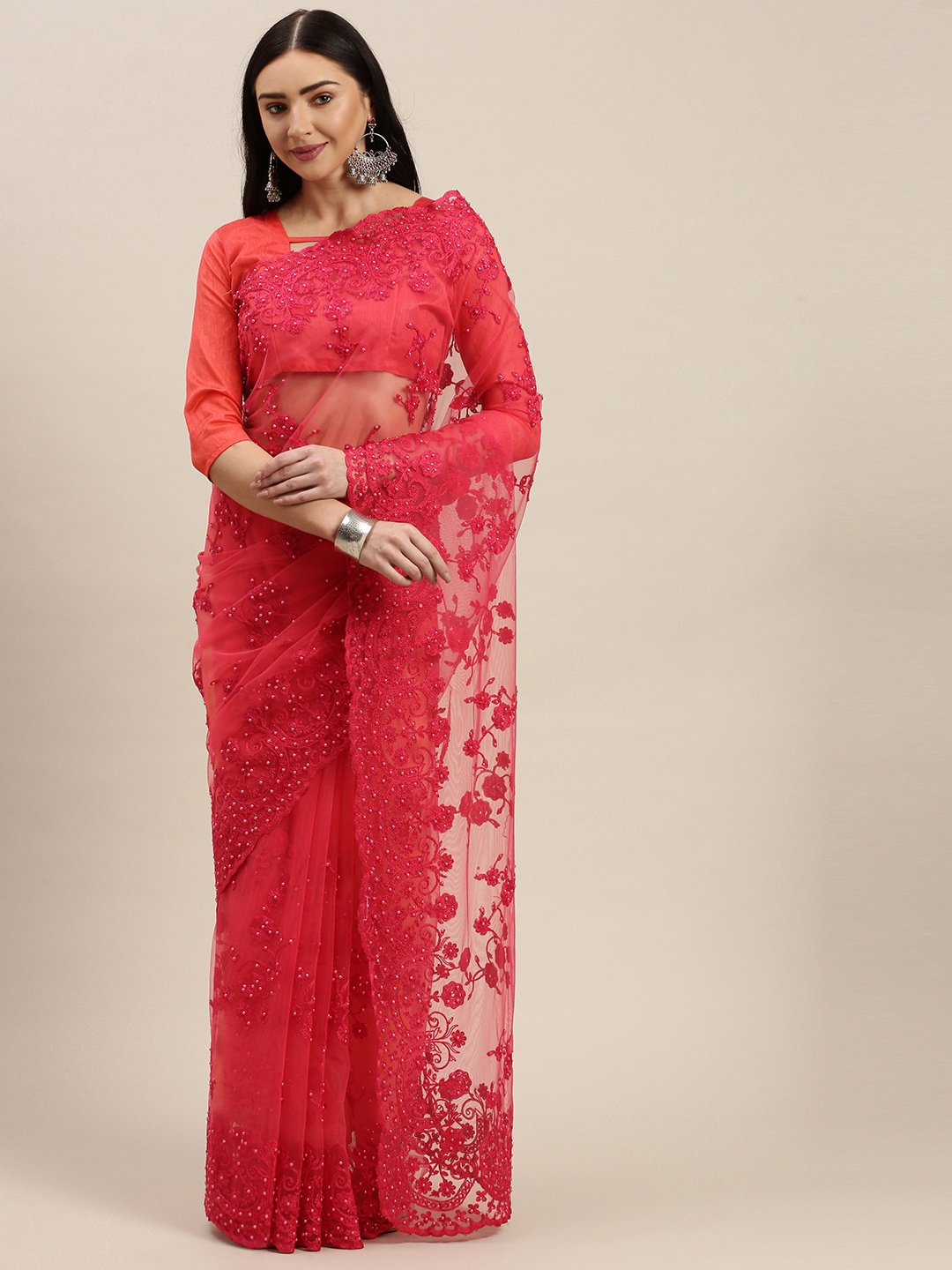 Mitera Pink Embellished Net Saree