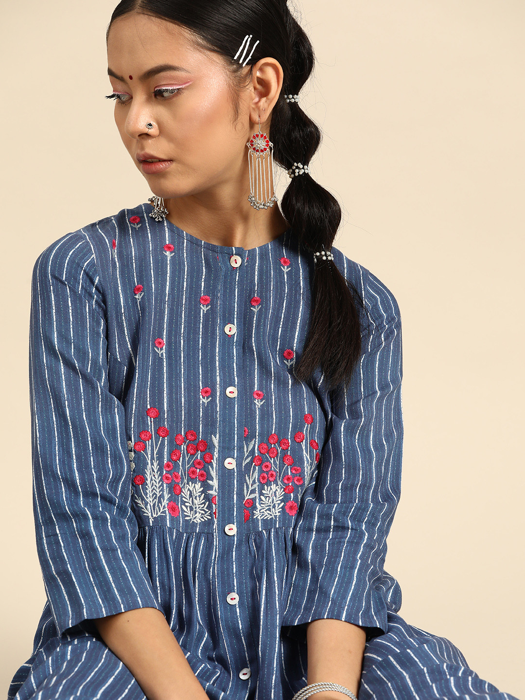 INDYA Women Blue & White Striped Floral Thread Work Indigo Pleated A-Line Kurta
INDYA Women Blue & White Striped Floral Thread Work Indigo Pleated A-Line Kurta