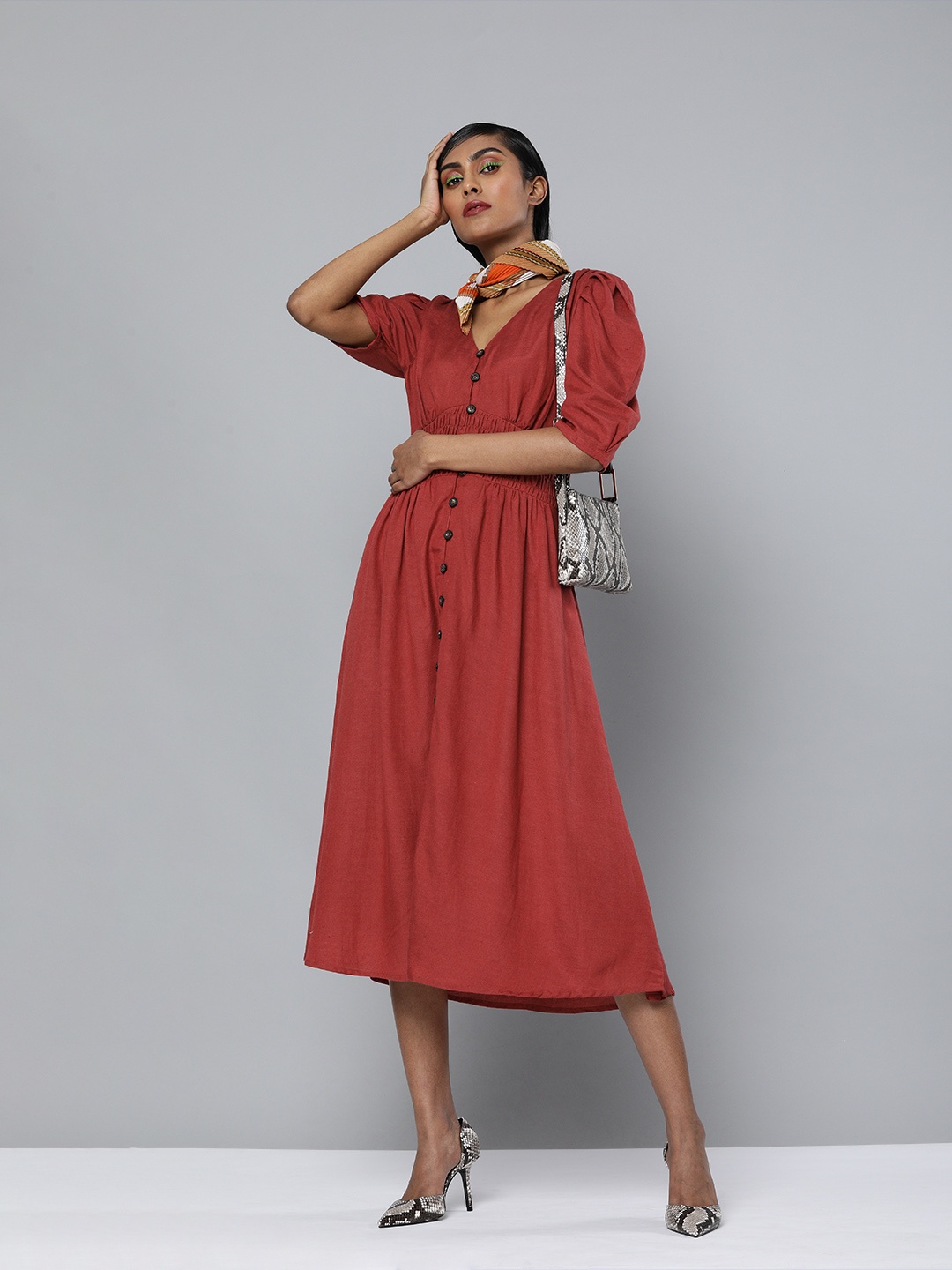 SCOUP Women Rust Red Puff Sleeves Solid A-Line Dress