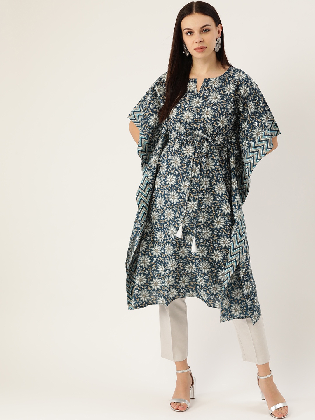 Maaesa Women Navy Blue & White Ethnic Motifs Hand Printed Tie-Up Cotton Kaftan Kurta
Maaesa Women Navy Blue & White Ethnic Motifs Hand Printed Tie-Up Cotton Kaftan Kurta