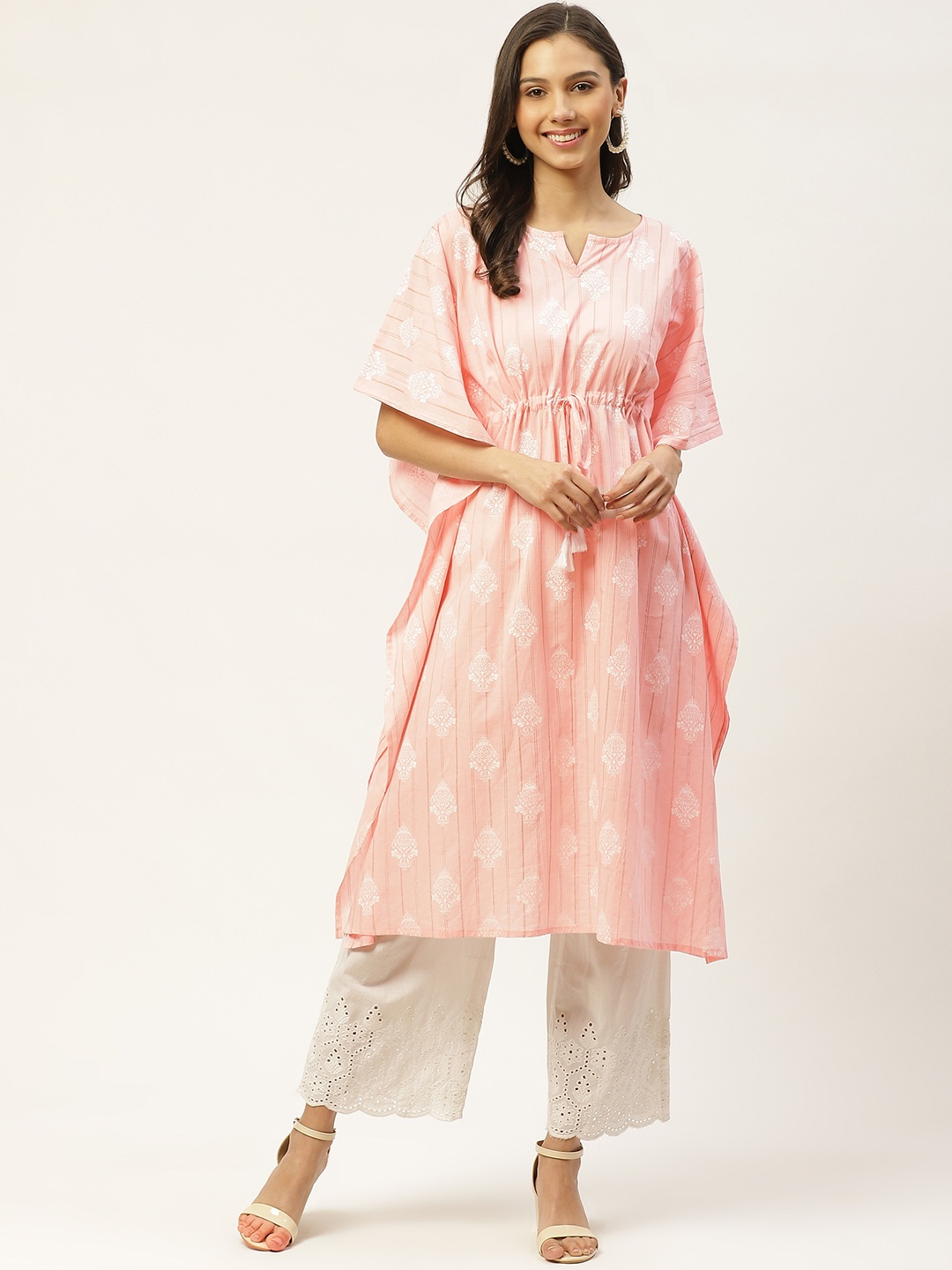 Maaesa Women Pink & White Striped & Ethnic Motifs Hand Print Tie-Up Cotton Kaftan Kurta
Maaesa Women Pink & White Striped & Ethnic Motifs Hand Print Tie-Up Cotton Kaftan Kurta