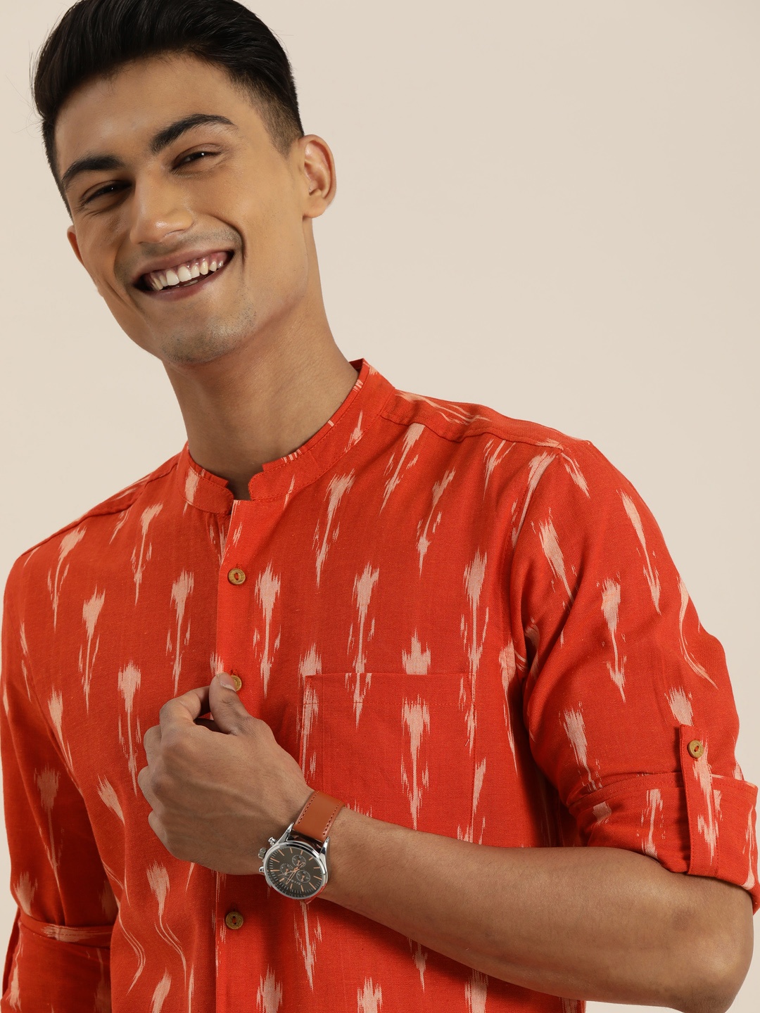 Taavi Men Orange & Off-White Ikat Woven Design Sustainable Shirt with Roll-Up Sleeves
Taavi Men Orange & Off-White Ikat Woven Design Sustainable Shirt with Roll-Up Sleeves