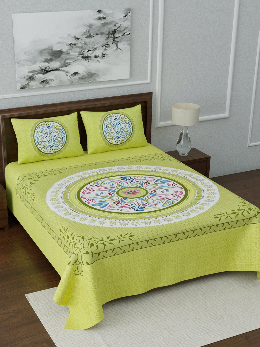 LIVING ROOTS Lime Green & White Ethnic Motifs 144 TC Cotton 1 Queen Bedsheet with 2 Pillow Covers
LIVING ROOTS Lime Green & White Ethnic Motifs 144 TC Cotton 1 Queen Bedsheet with 2 Pillow Covers