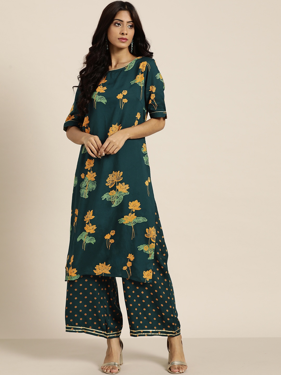 all about you Women Teal Green & Yellow Floral Printed Gotta Patti Kurta with Palazzos
all about you Women Teal Green & Yellow Floral Printed Gotta Patti Kurta with Palazzos