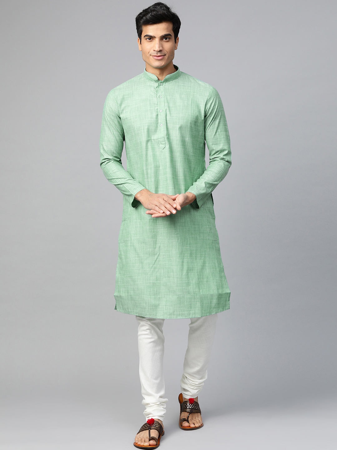 Manthan Men Green Solid Mandarin Collar Straight kurta