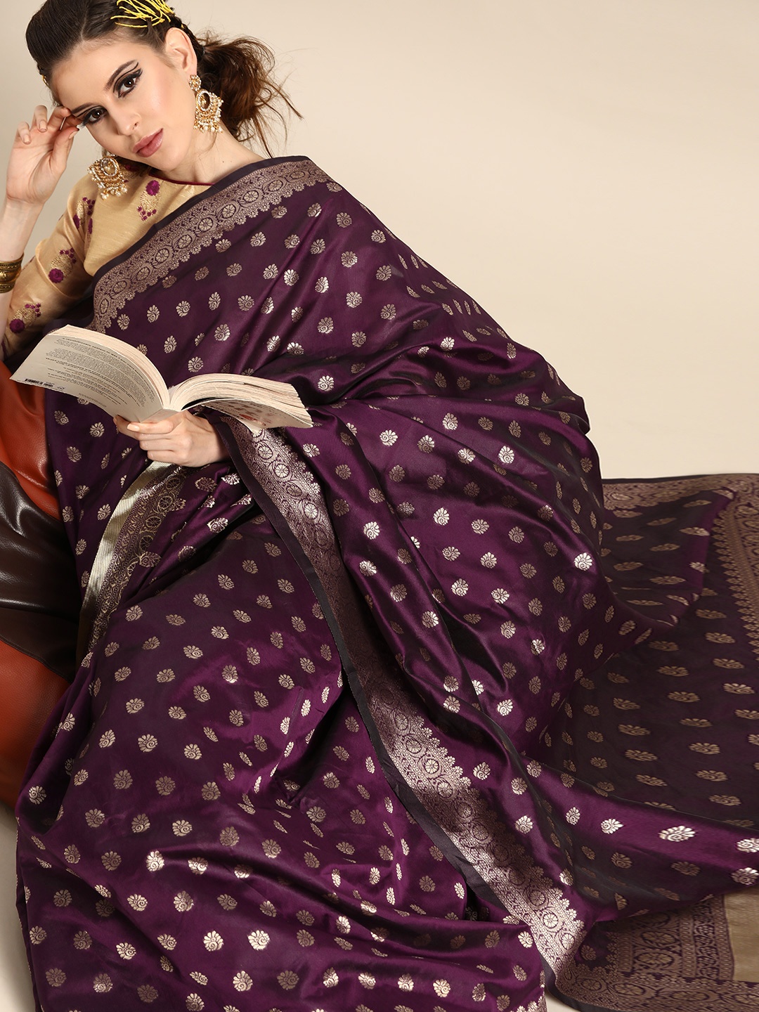 SHAVYA Purple & Golden Silk Blend Embroidered Saree