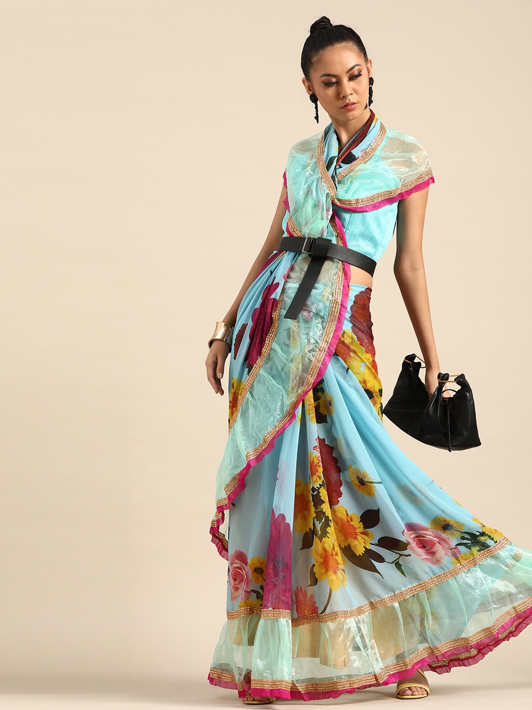 SHAVYA Blue & Pink Floral Print Ruffle Saree