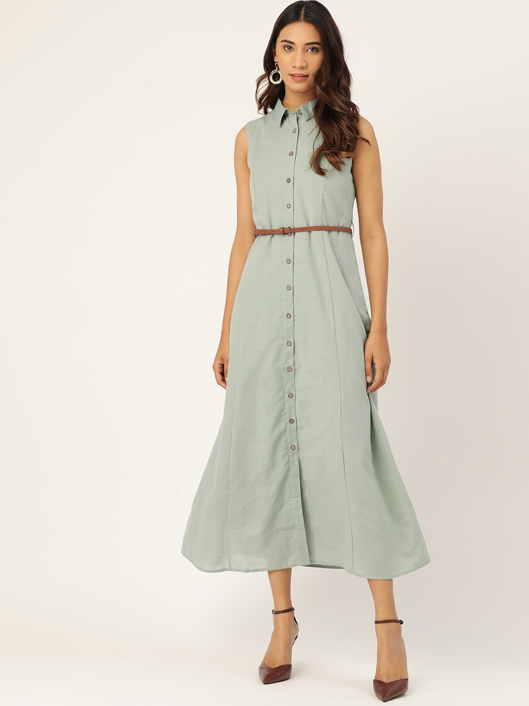 Madame Women Green Solid Maxi Dress with Belt