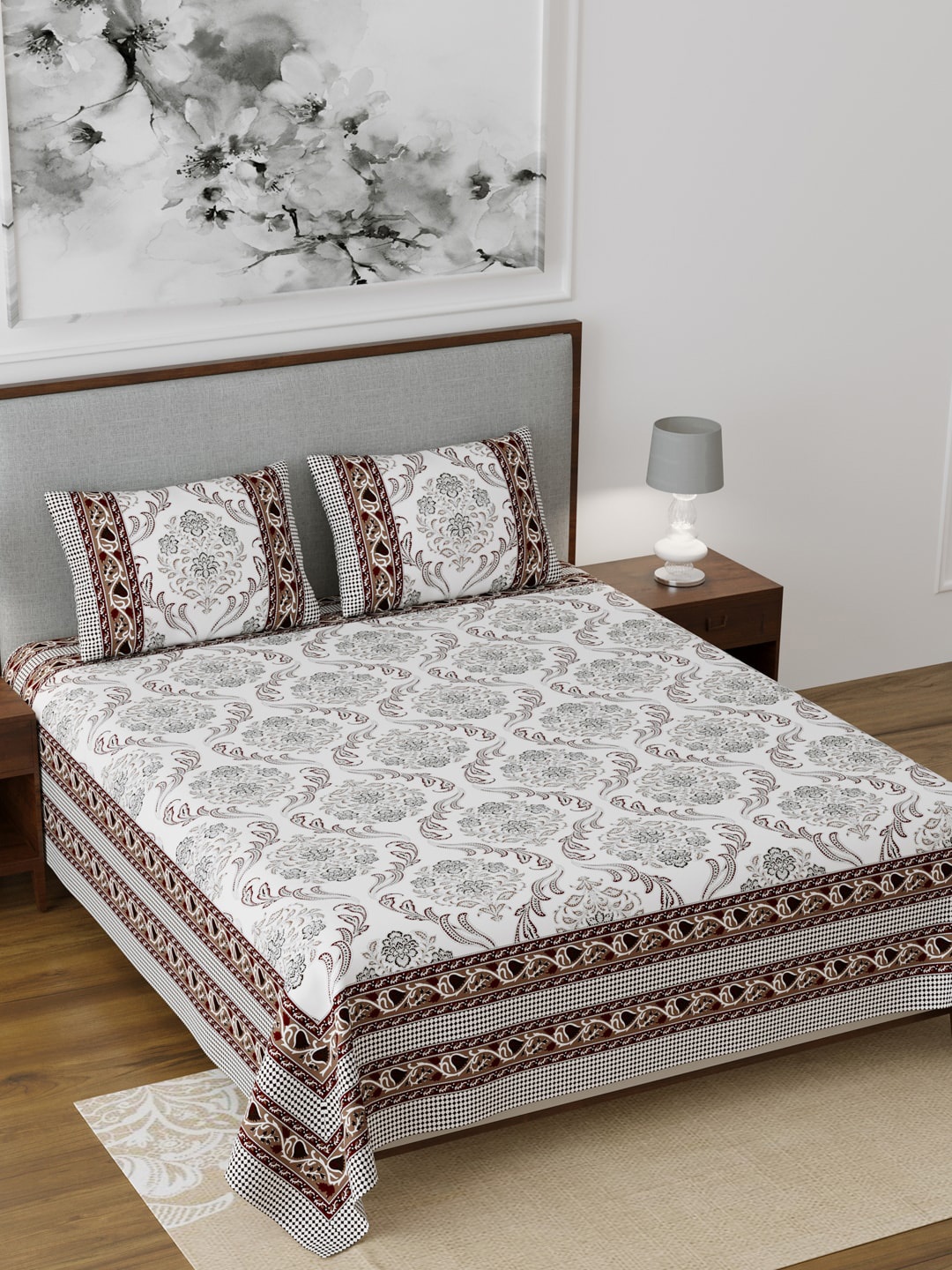 Salona Bichona White & Grey Ethnic Motifs 120 TC Cotton 1 King Bedsheet with 2 Pillow Covers
Salona Bichona White & Grey Ethnic Motifs 120 TC Cotton 1 King Bedsheet with 2 Pillow Covers