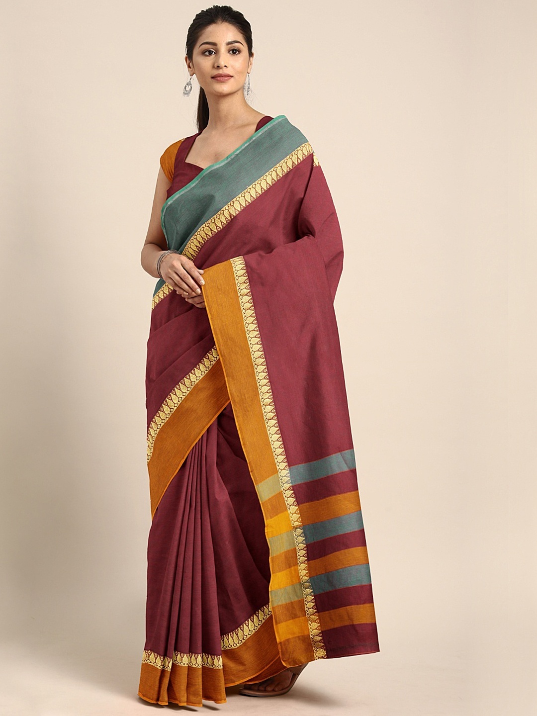aamna Maroon Pure Cotton Solid Mangalagiri Handloom Saree