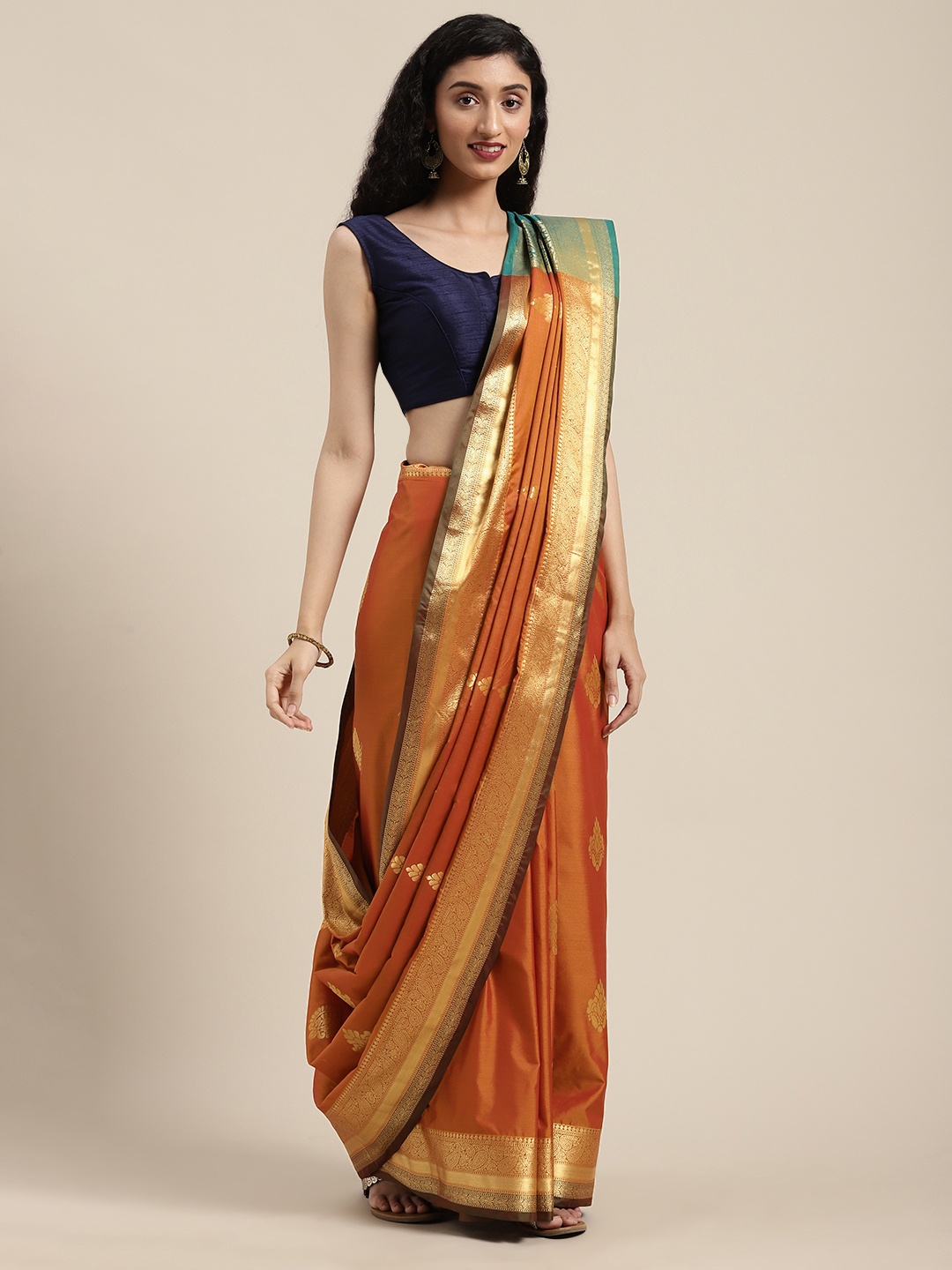 Mitera Orange & Teal Green Woven Design Kanjeevaram Saree