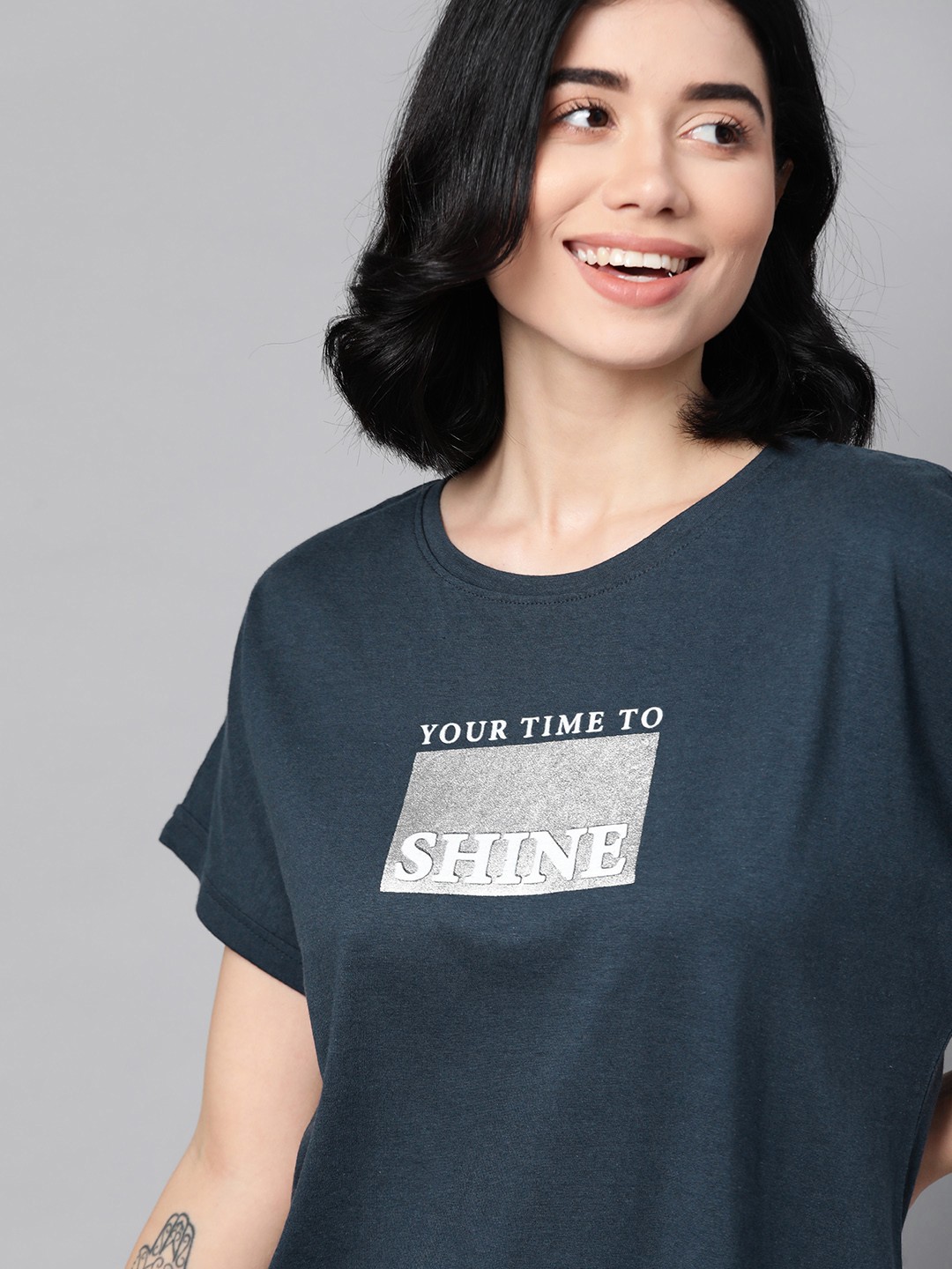 Mast & Harbour Women Navy Blue & White Typography Printed Cotton Extended Sleeves T-shirt
Mast & Harbour Women Navy Blue & White Typography Printed Cotton Extended Sleeves T-shirt