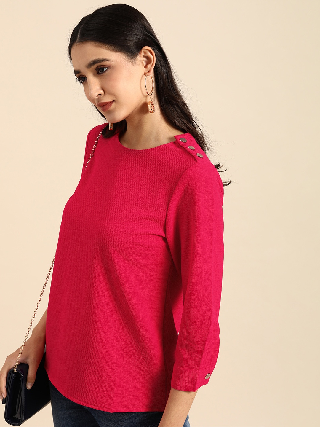 all about you Fuchsia Pink Self Design Shoulder Tabs Detail Top