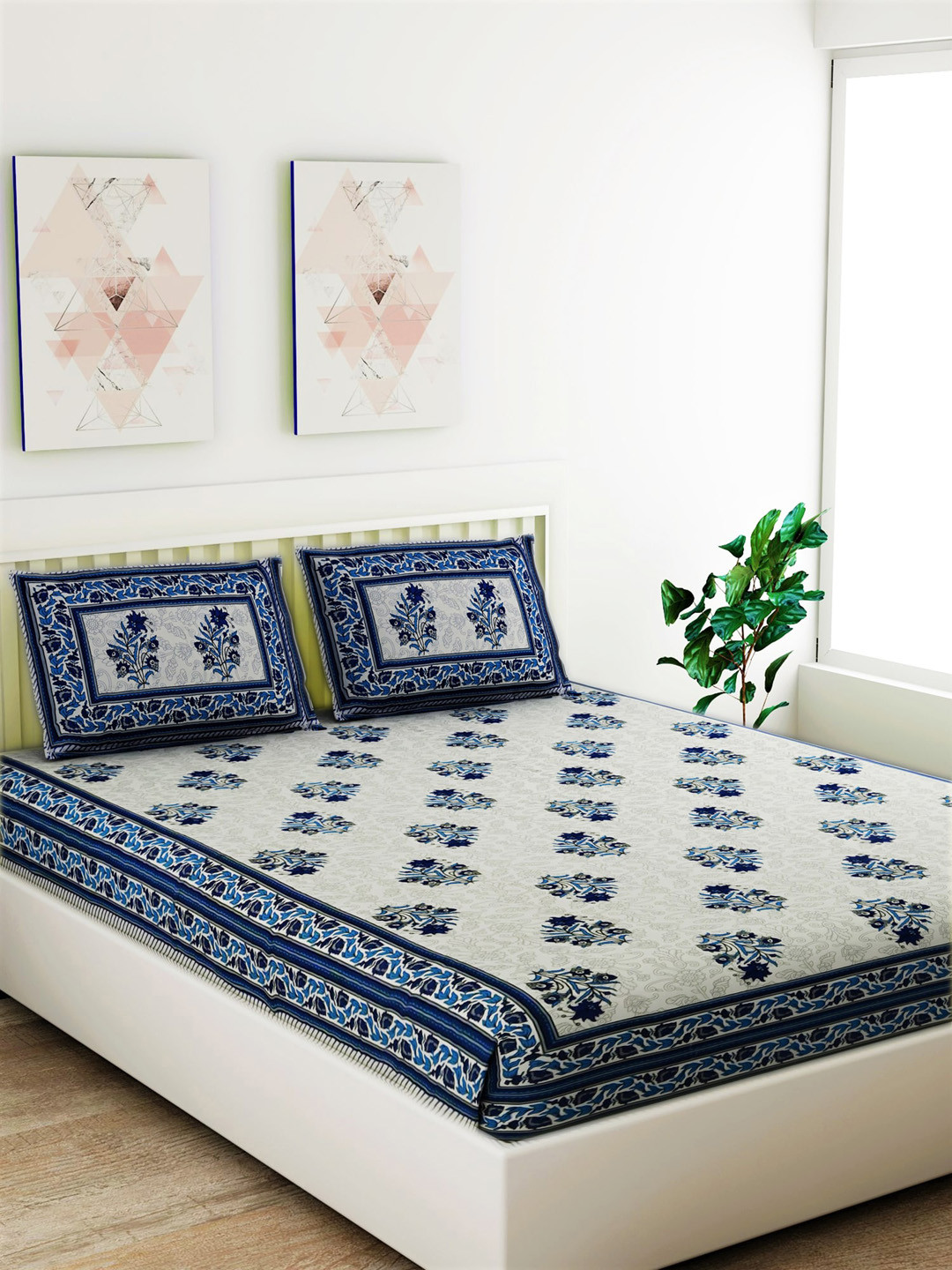 Salona Bichona Off-White & Blue Floral 120 TC Cotton 1 Queen Bedsheet with 2 Pillow Covers
Salona Bichona Off-White & Blue Floral 120 TC Cotton 1 Queen Bedsheet with 2 Pillow Covers