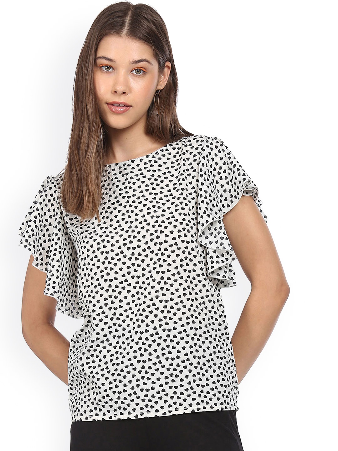 Sugr White Flutter Sleeve Printed Top