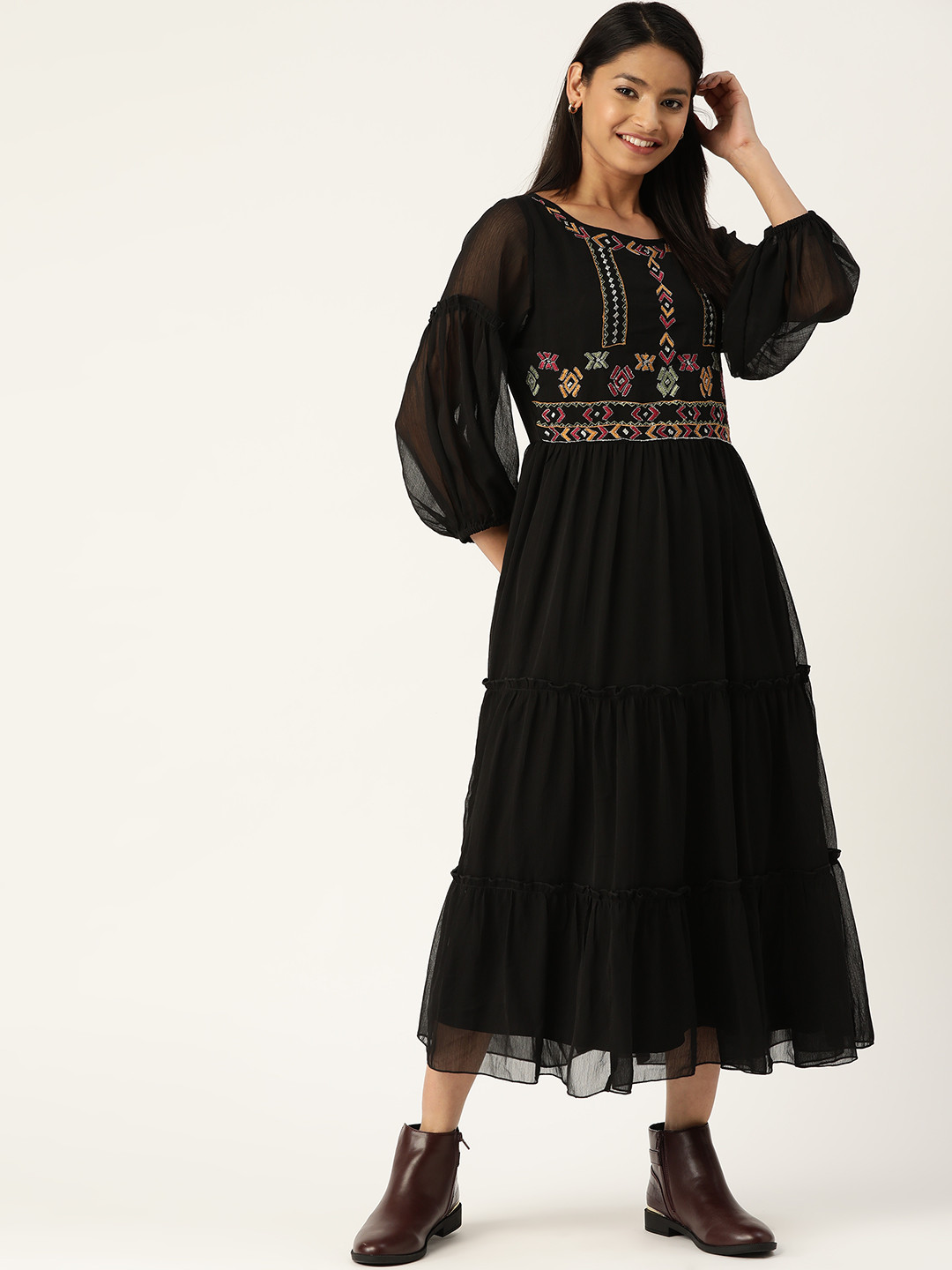 Antheaa Women Black Embroidered Detail Tiered A-Line Dress 
Antheaa Women Black Embroidered Detail Tiered A-Line Dress
