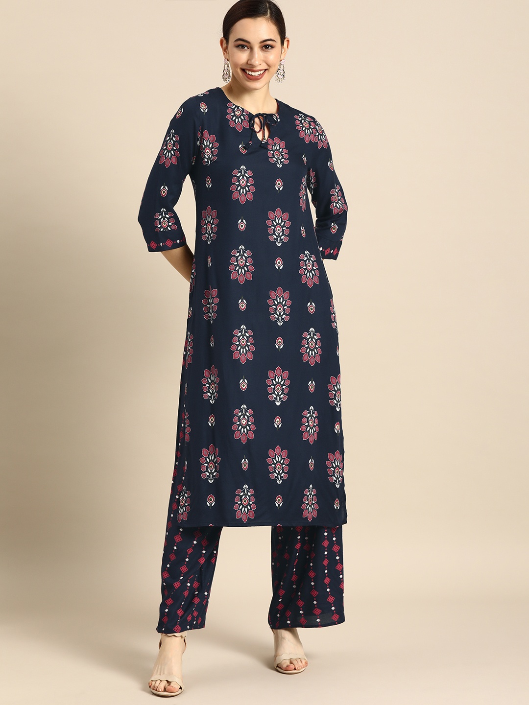 Anouk Women Navy Blue & Red Printed Kurta with Palazzos