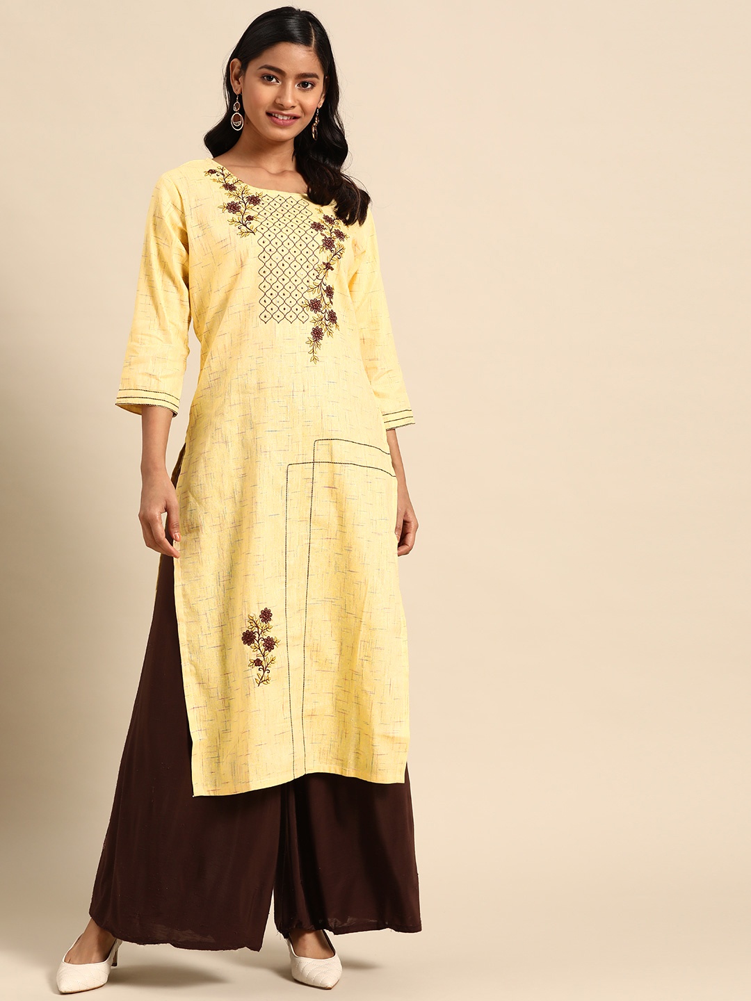Rajnandini Women Yellow & Brown Ethnic Motifs Embroidered Cambric Cotton Sequins Kurta
Rajnandini Women Yellow & Brown Ethnic Motifs Embroidered Cambric Cotton Sequins Kurta