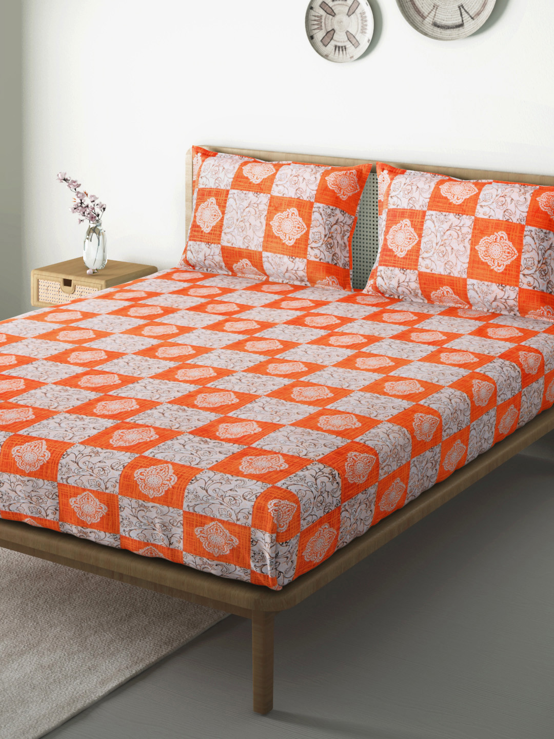 Aura Orange & Off-White Ethnic Motifs 144 TC Cotton 1 Queen Bedsheet with 2 Pillow Covers
Aura Orange & Off-White Ethnic Motifs 144 TC Cotton 1 Queen Bedsheet with 2 Pillow Covers