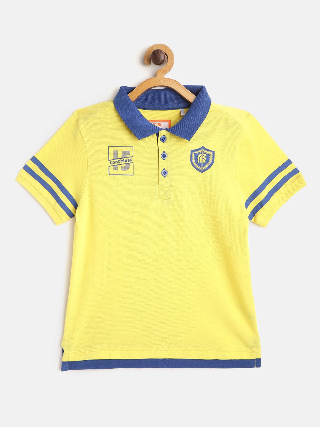 toothless Boys Yellow Blue Pure Cotton Solid Polo Collar Pure Cotton T-shirt with Printed Detail
toothless Boys Yellow Blue Pure Cotton Solid Polo Collar Pure Cotton T-shirt with Printed Detail