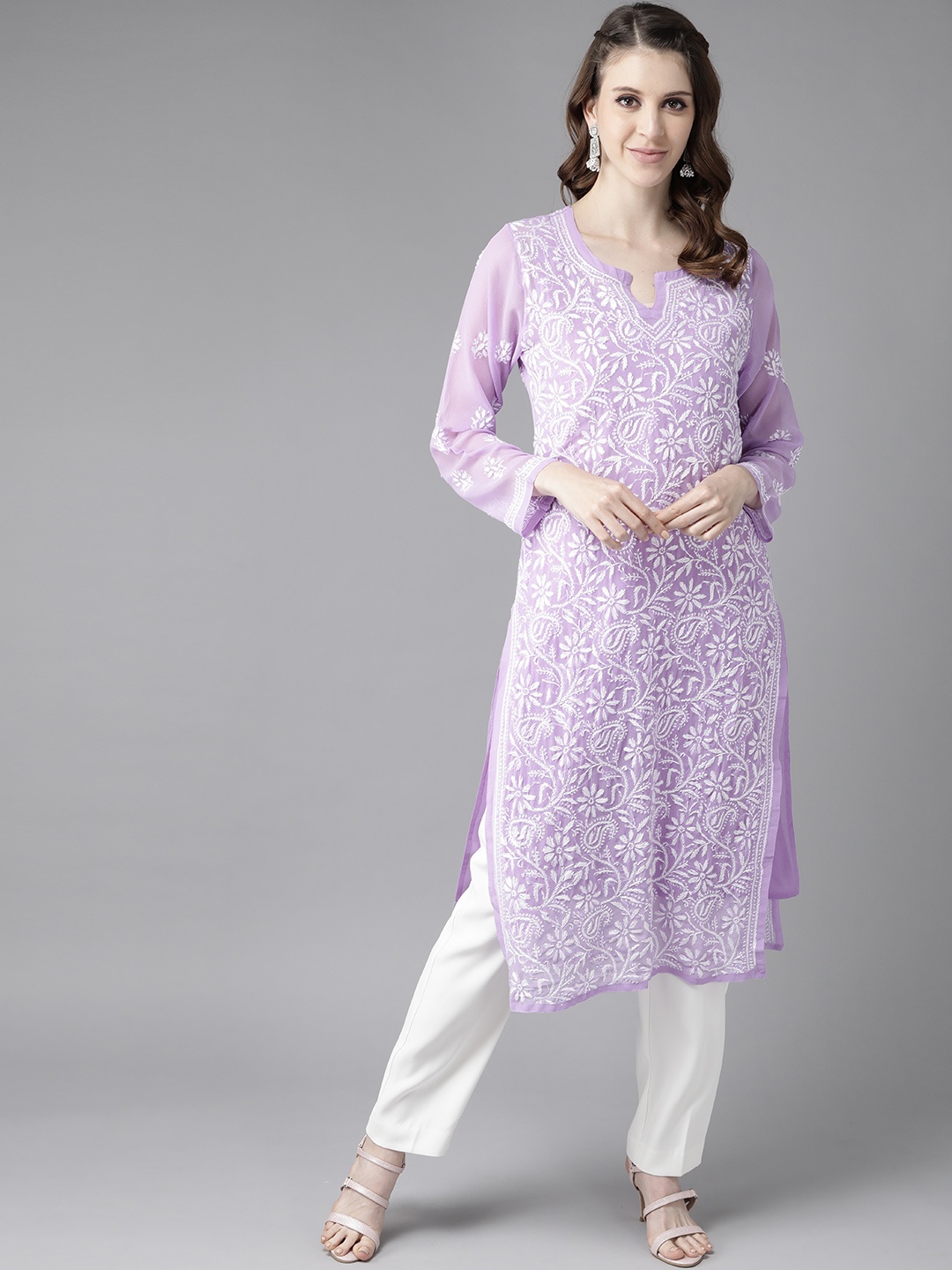 ADA Women Lavender & White Ethnic Motifs Embroidered Chikankari Georgette Kurta with Inner
ADA Women Lavender & White Ethnic Motifs Embroidered Chikankari Georgette Kurta with Inner