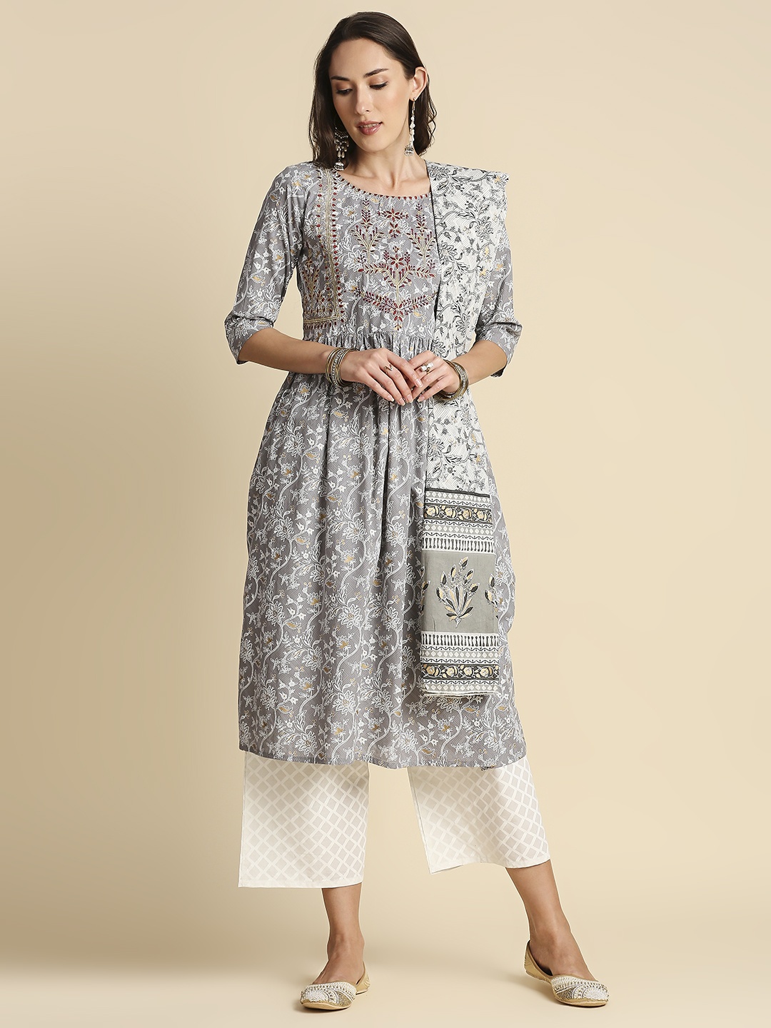 Anubhutee Women Grey & Red Pure Cotton Floral Printed A-Line Kurta with Trousers & Dupatta
Anubhutee Women Grey & Red Pure Cotton Floral Printed A-Line Kurta with Trousers & Dupatta