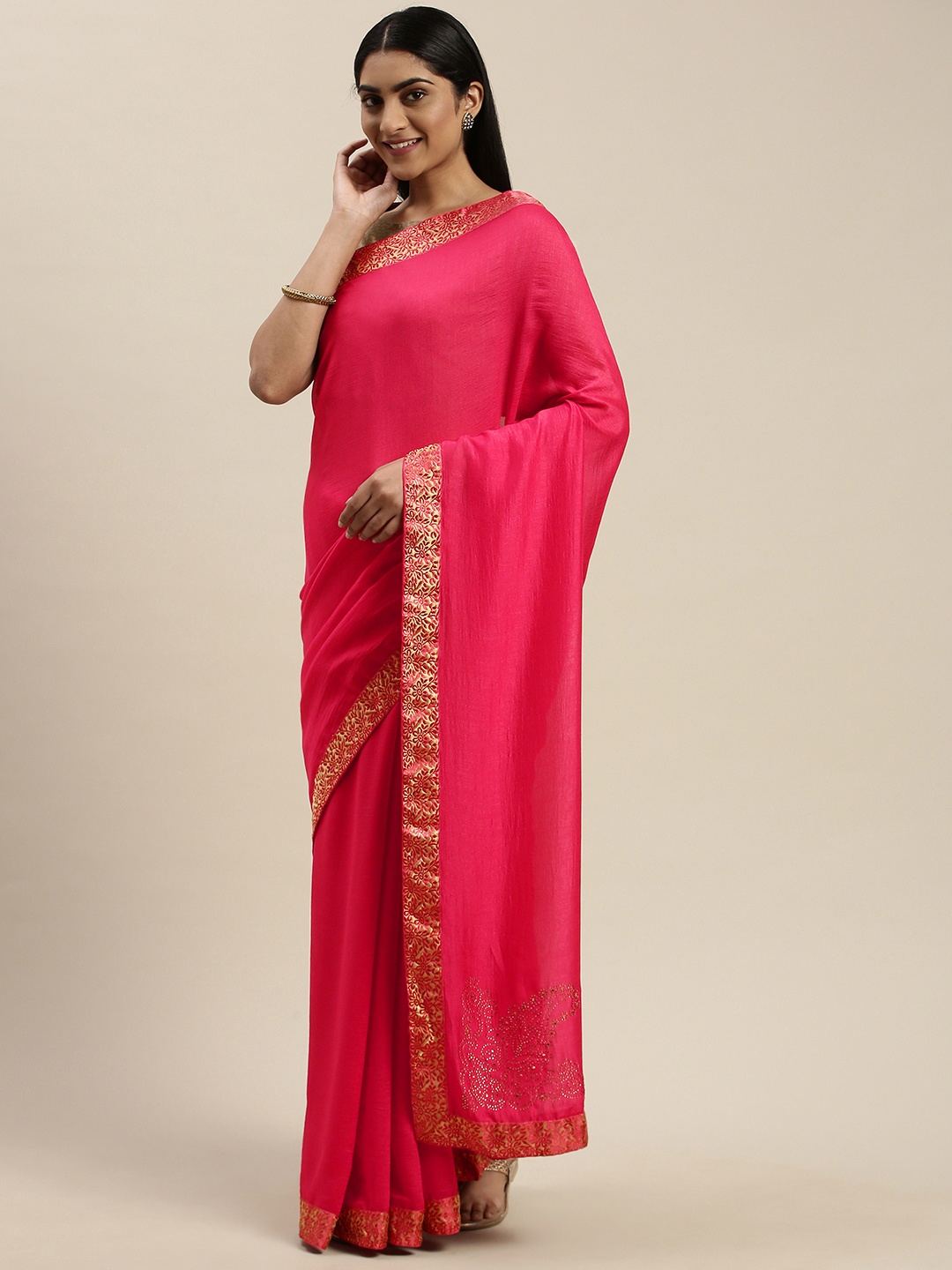 Indian Women Pink Solid Saree