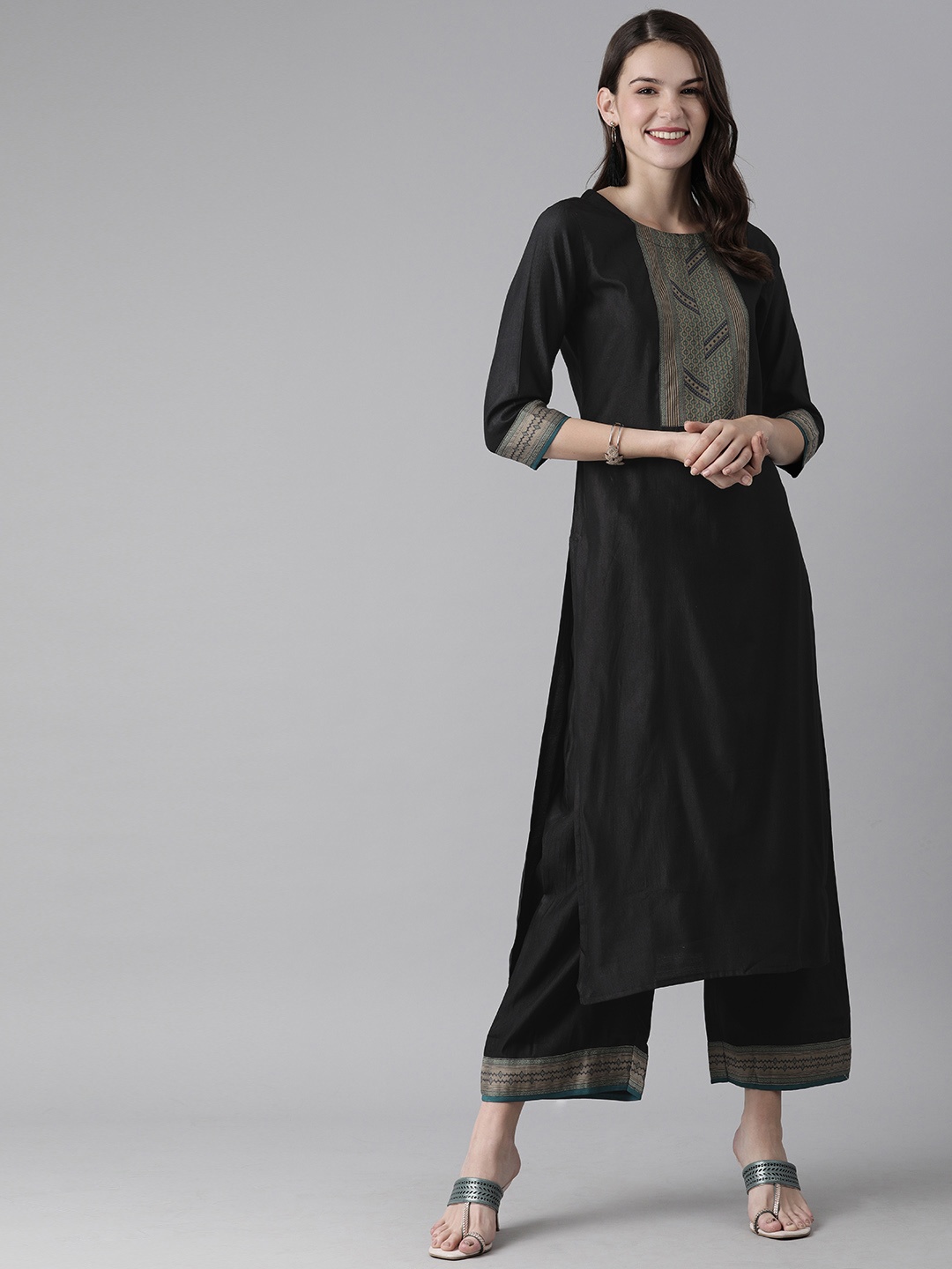 Indo Era Women Black Yoke Design Kurta with Palazzos