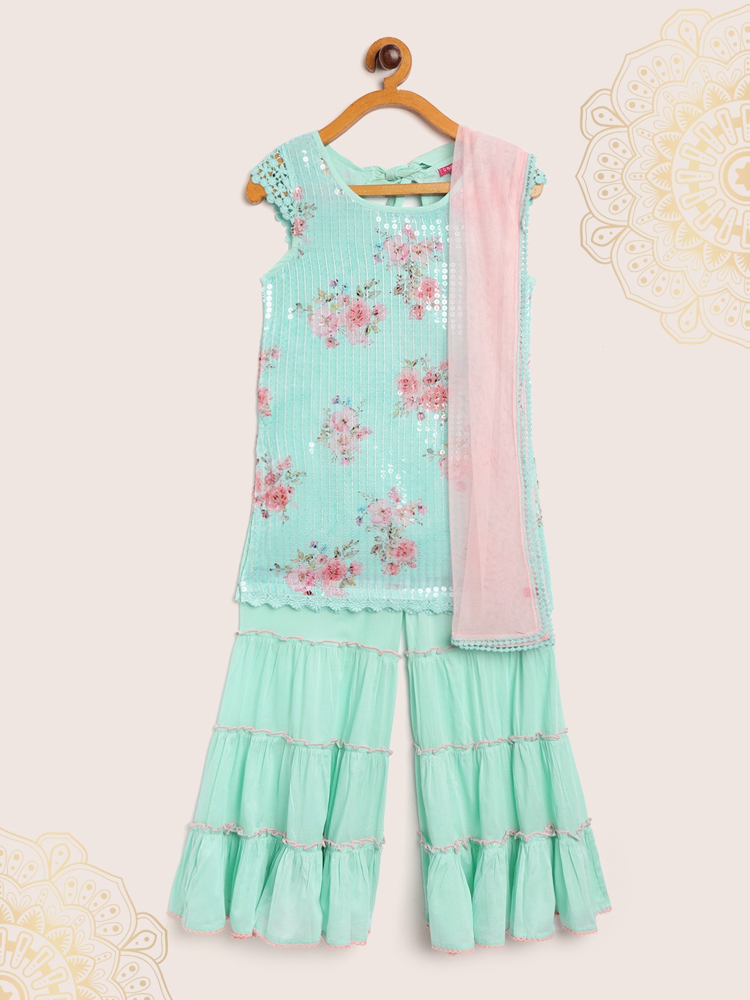 Biba Girls Sea Green & Peach-Coloured Floral Print Sequinned Kurta with Sharara & Dupatta
Biba Girls Sea Green & Peach-Coloured Floral Print Sequinned Kurta with Sharara & Dupatta