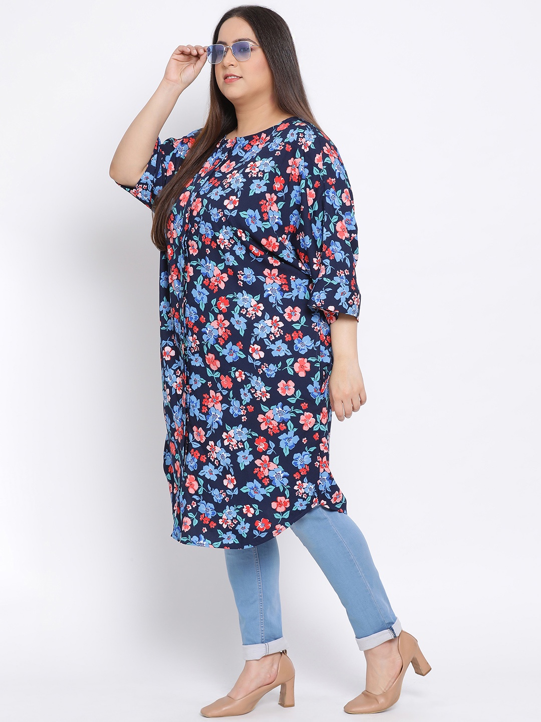 Oxolloxo Women Navy Blue & Pink Printed Plus Tunic