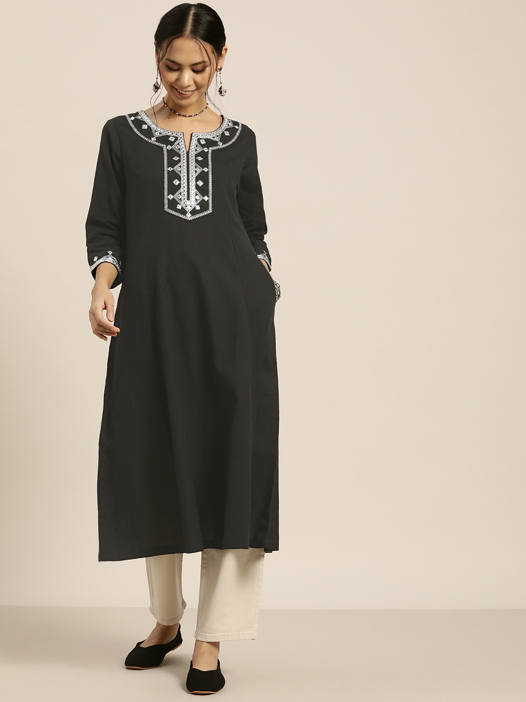 Sangria Women Charcoal Grey & Silver Yoke Design Mirror Work Panelled Cotton A-Line Kurta
Sangria Women Charcoal Grey & Silver Yoke Design Mirror Work Panelled Cotton A-Line Kurta