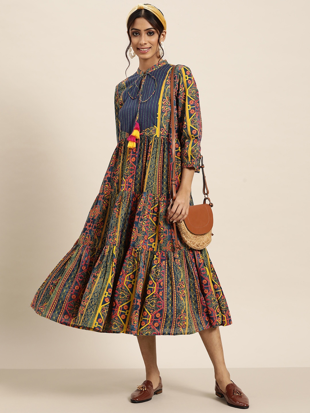 Sangria Women Navy Blue & Mustard Yellow Ethnic Motifs Pure Cotton A-Line Midi Dress
Sangria Women Navy Blue & Mustard Yellow Ethnic Motifs Pure Cotton A-Line Midi Dress