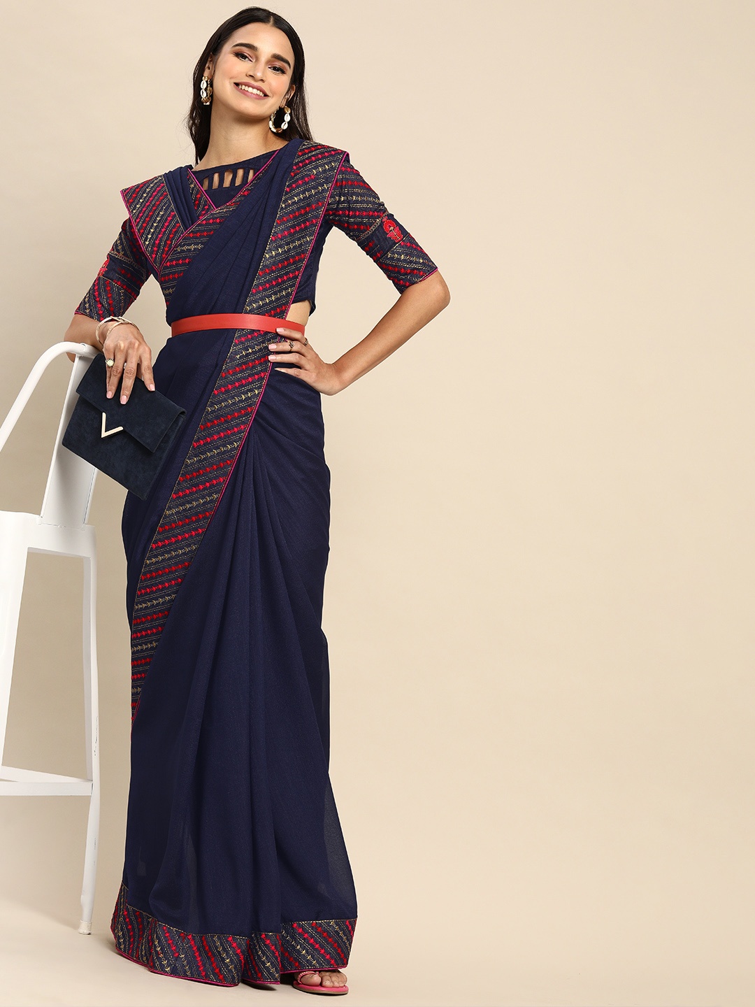 Sangria Navy Blue Solid Celebrity Saree