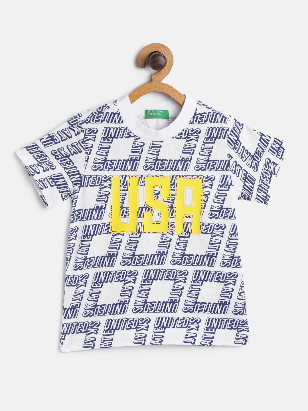 United Colors of Benetton Boys White Navy Printed Round Neck Pure Cotton T-shirt